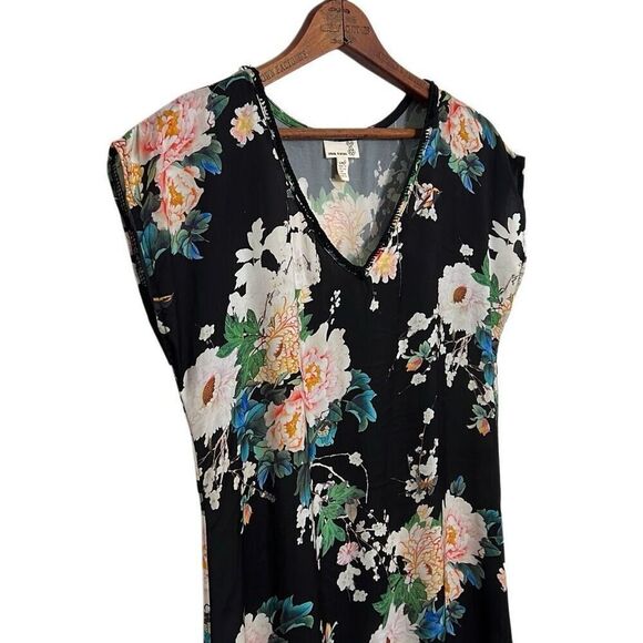 Urban Renewal Floral V-neck Asymmetric Fringe Hem Midi Dress Black Multi S/M - Picture 3 of 8